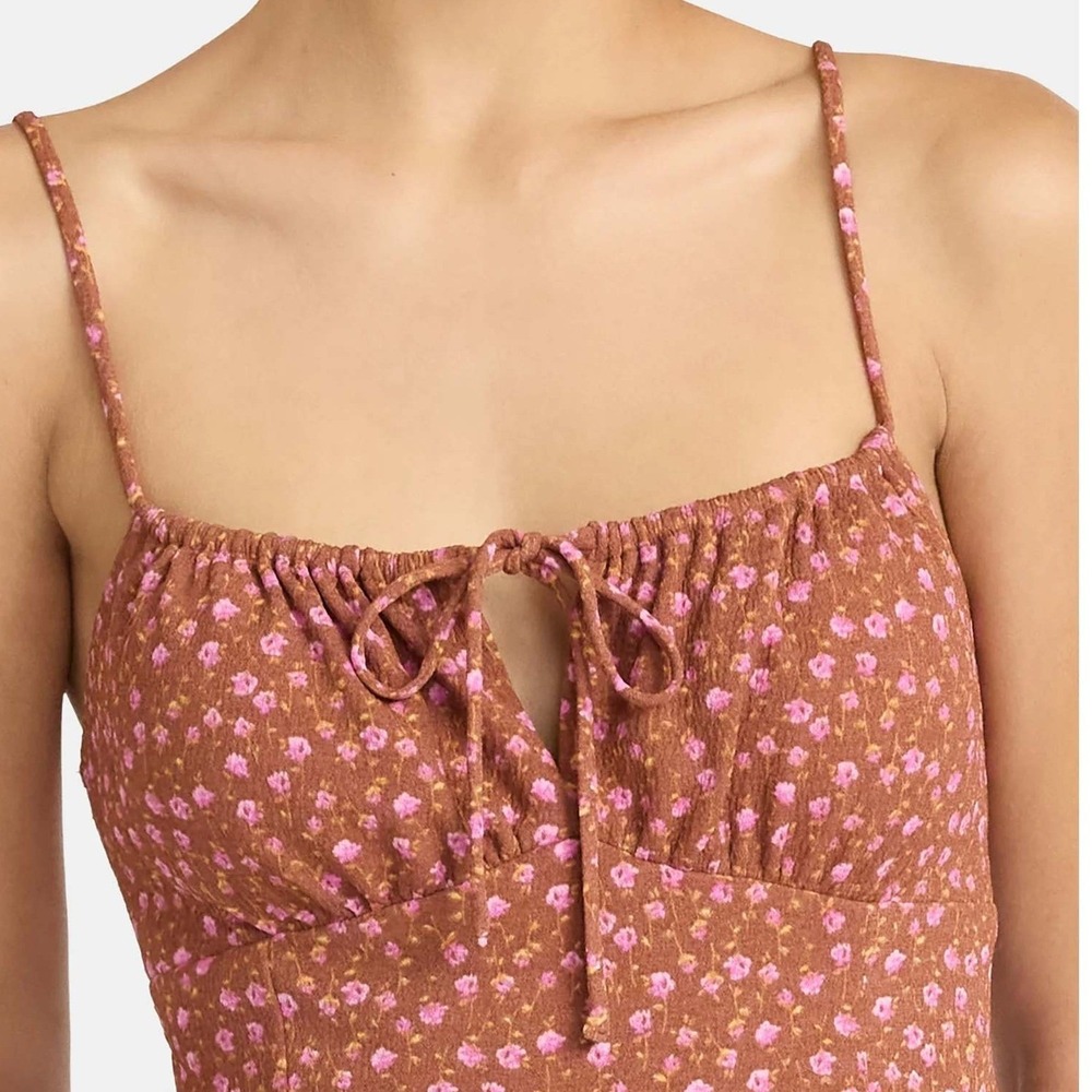 Ditsy Floral Y2K Vibe Maxi Dress Sz XS Cinnamon Brown Pink Flowers Tie Front NWT